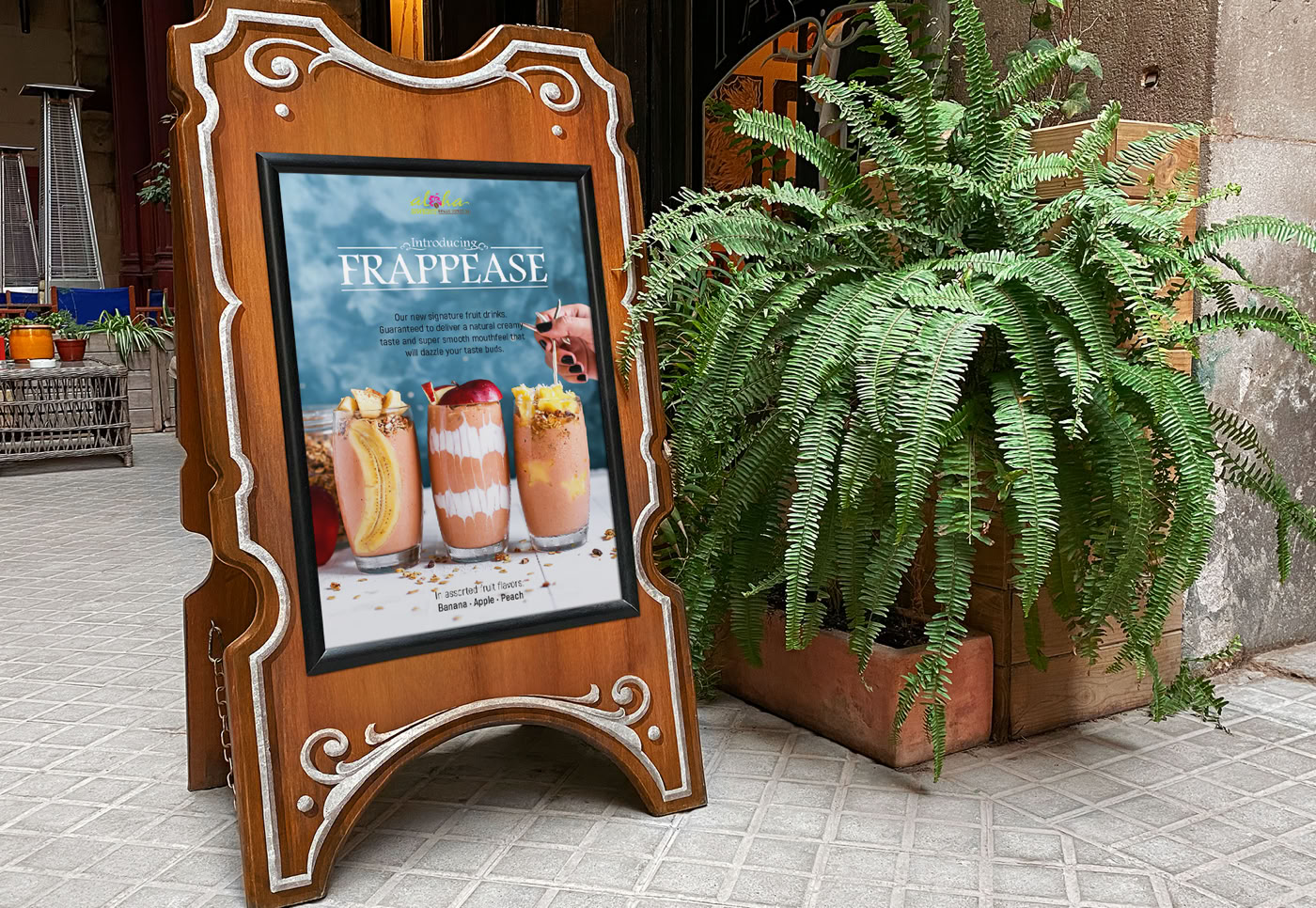 Poster design for a coffee shop launching their new signature fruit drinks called the Frappease. To give a fresh and island sensation look. A lively, elegant and with a bit of tropical feel typeface was used for the headline. Client provided the logo, copy and photo.